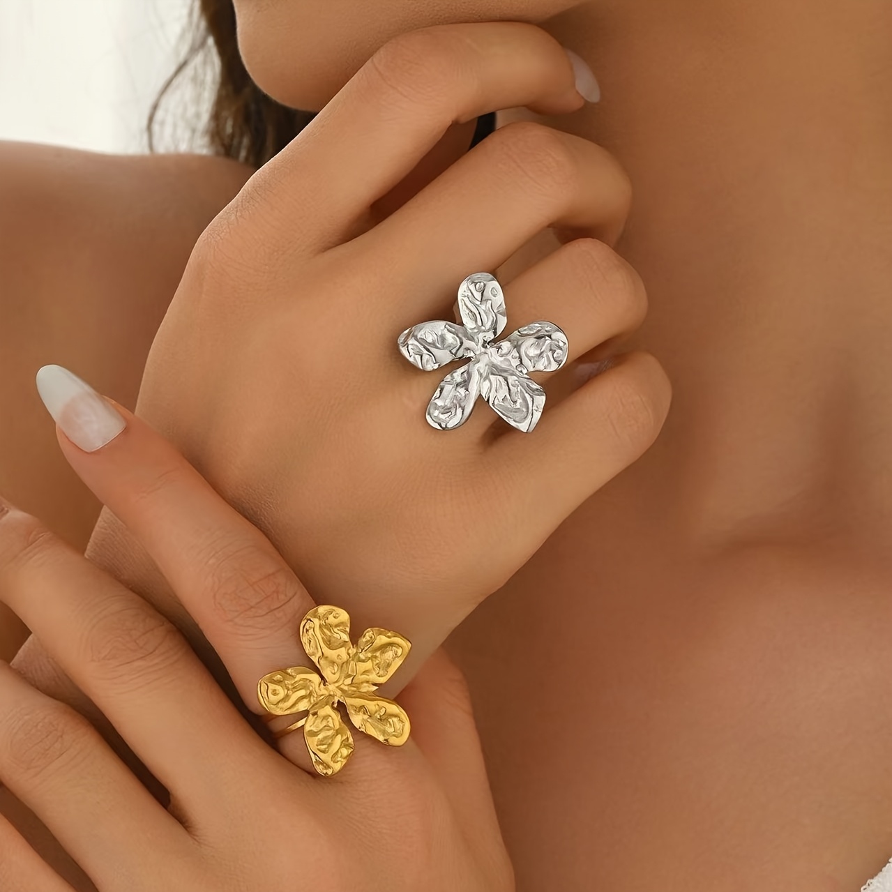 Fashionable Elegant Ruched Flower Inlay Stainless Steel Open Ring